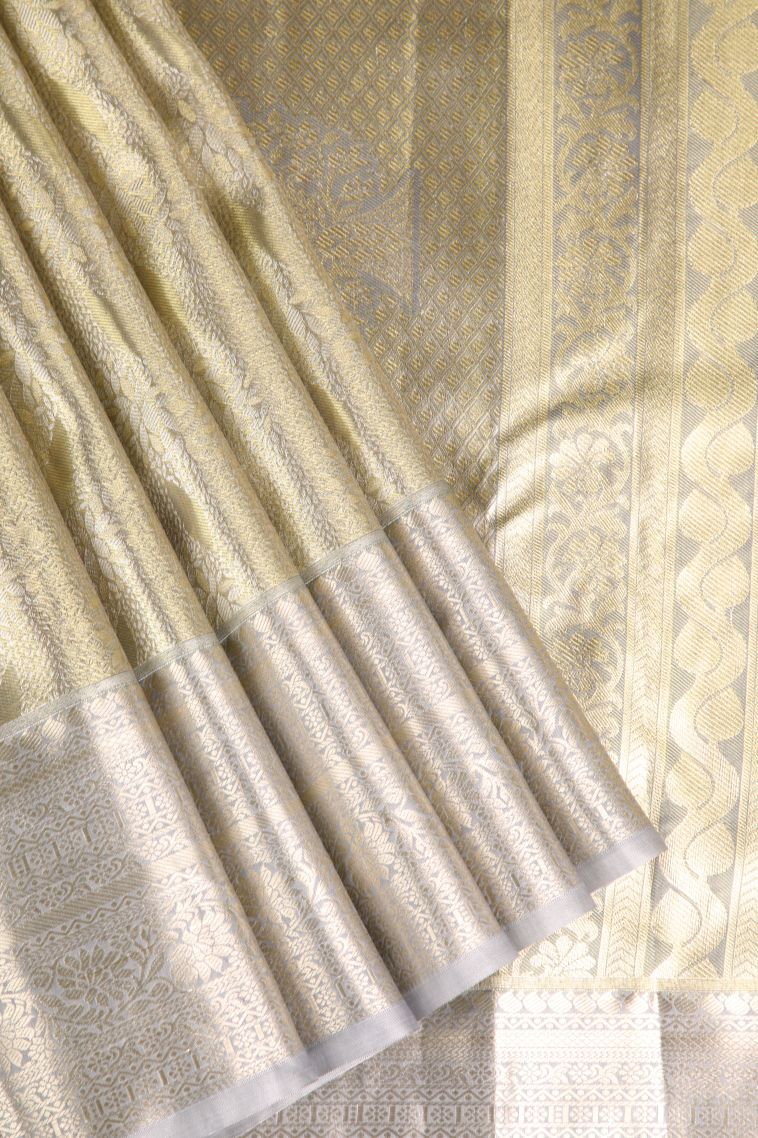 Hazelwood Yellow Apoorva Silk Sarees with Silver Zari Leaf Pattern view 1