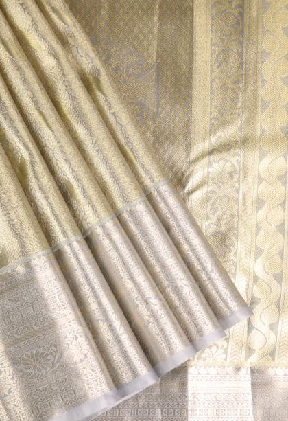 Hazelwood Yellow Apoorva Silk Sarees with Silver Zari Leaf Pattern