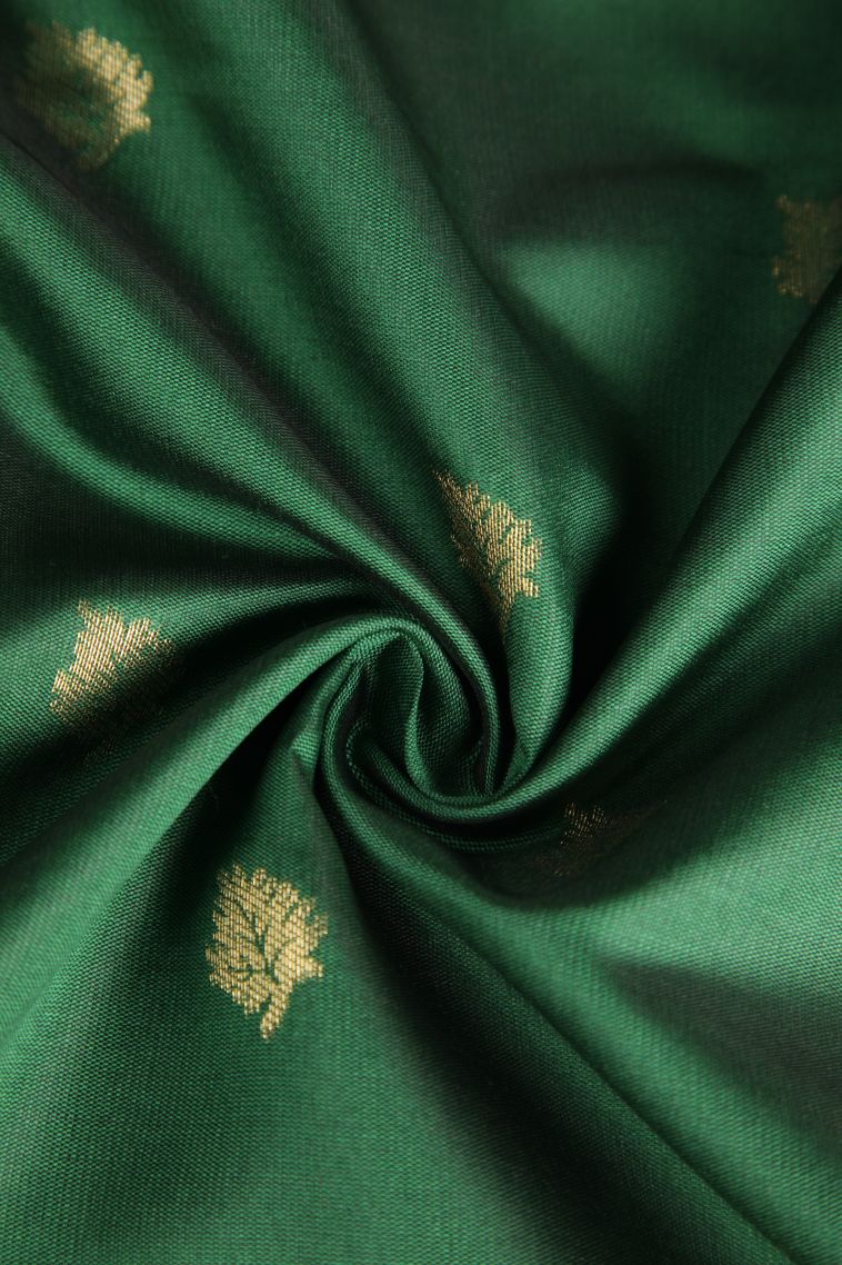 Basil Green Raw Silk Sarees with Gold Zari Leaf Pattern view 4
