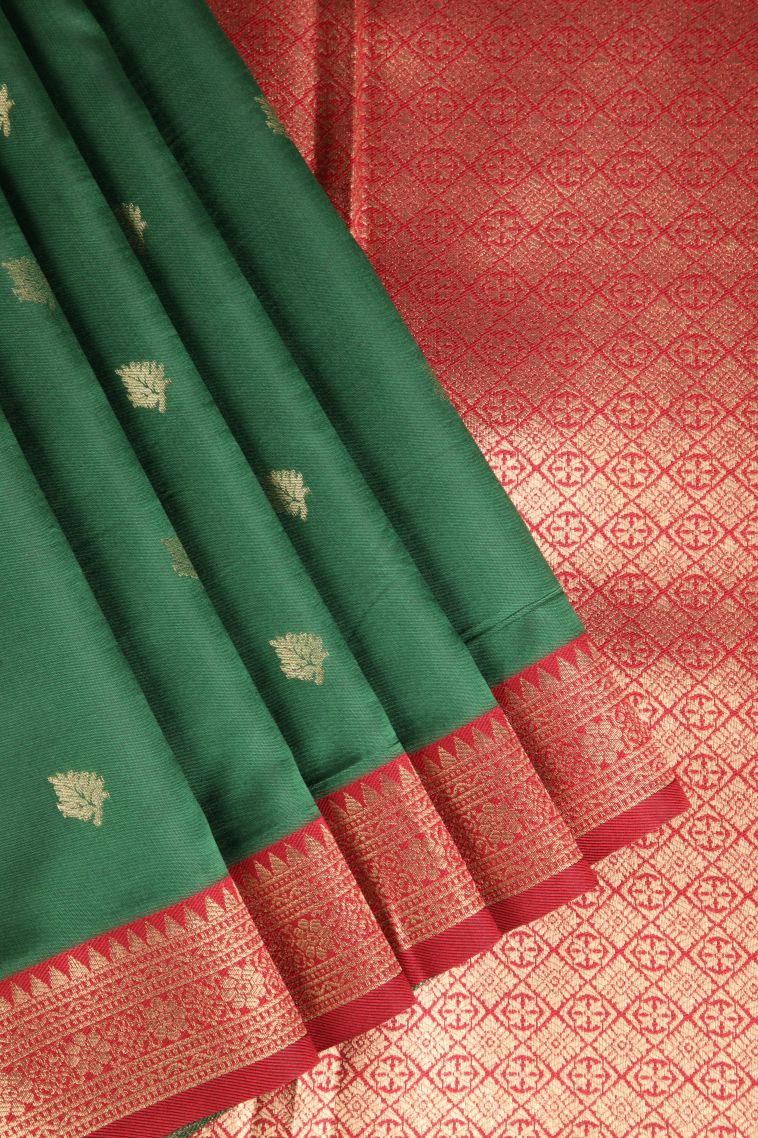 Basil Green Raw Silk Sarees with Gold Zari Leaf Pattern view 1