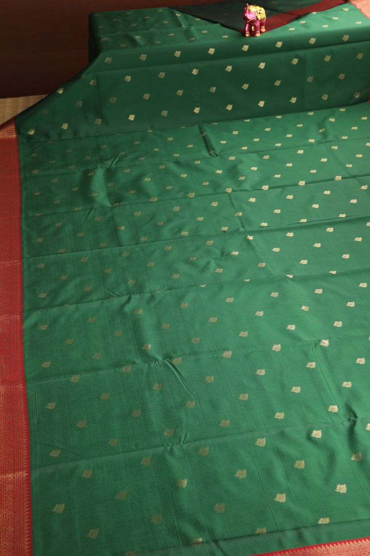 Basil Green Raw Silk Sarees with Gold Zari Leaf Pattern view 2