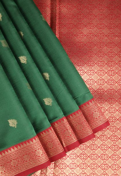 Basil Green Raw Silk Sarees with Gold Zari Leaf Pattern