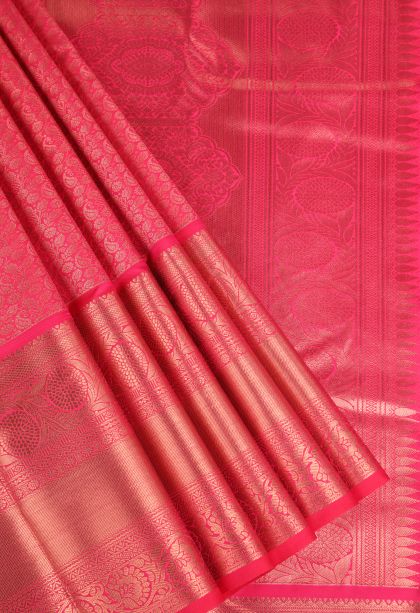 Strawberry Pink Apoorva Silk Sarees Copper Zari with Floral Patterns