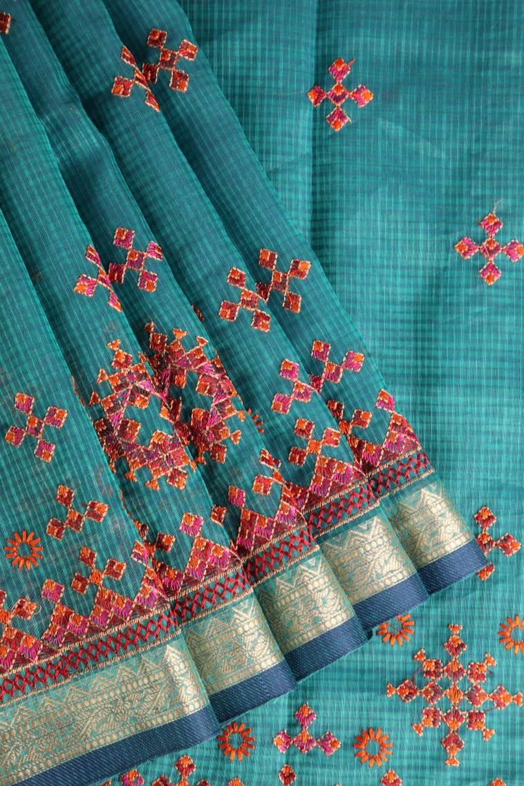 Ocean Blue Manipuri Cotton Sarees Gold Zari with Floral Puttas view 1