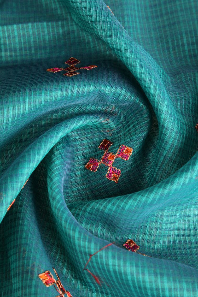 Ocean Blue Manipuri Cotton Sarees Gold Zari with Floral Puttas view 4