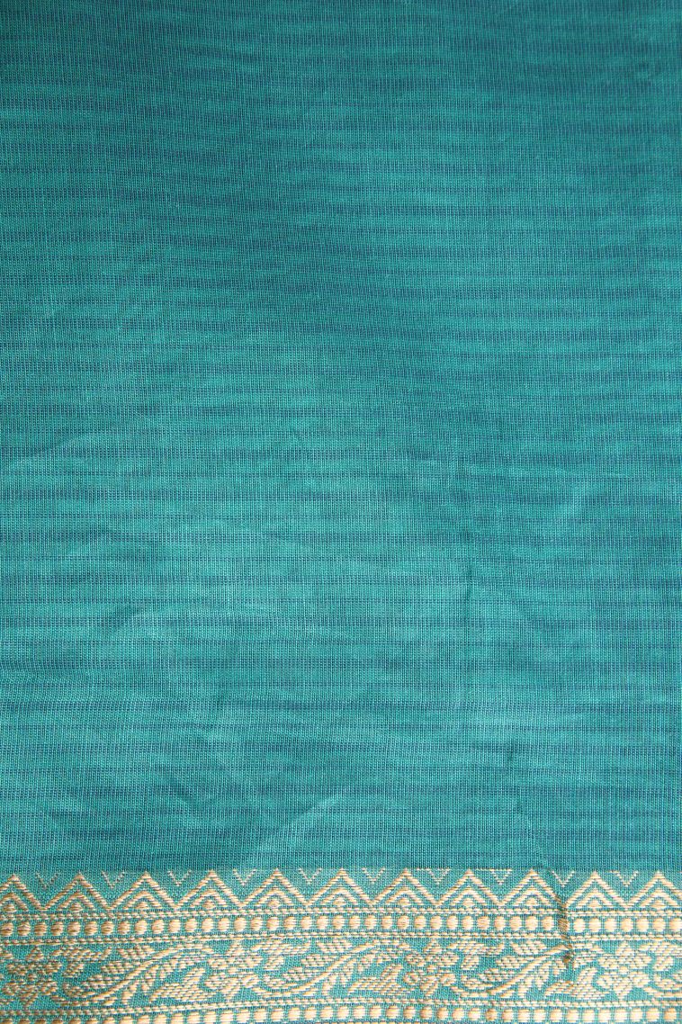 Ocean Blue Manipuri Cotton Sarees Gold Zari with Floral Puttas view 3