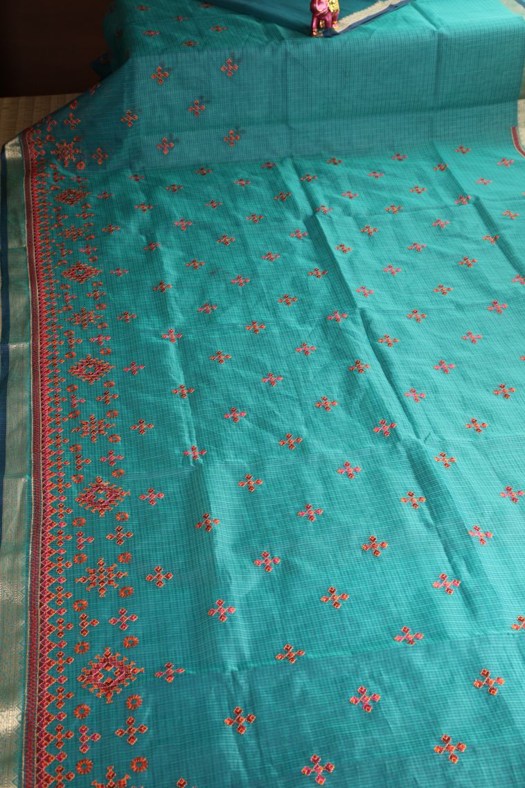 Ocean Blue Manipuri Cotton Sarees Gold Zari with Floral Puttas view 2