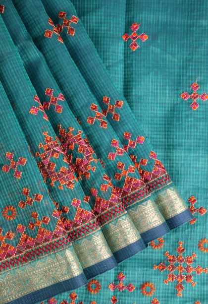 Ocean Blue Manipuri Cotton Sarees Gold Zari with Floral Puttas