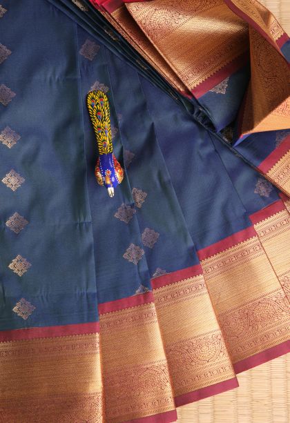 Aegean Blue Visiri Madippu Silk Sarees Gold Zari with Kolam Pattern