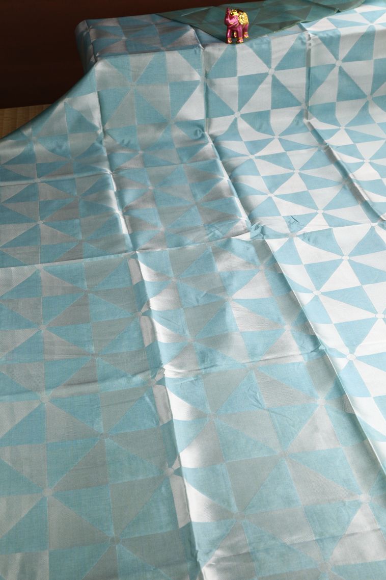Sapphire Blue Semi Tussar Silk with Silver Zari Geometric Shapes view 2