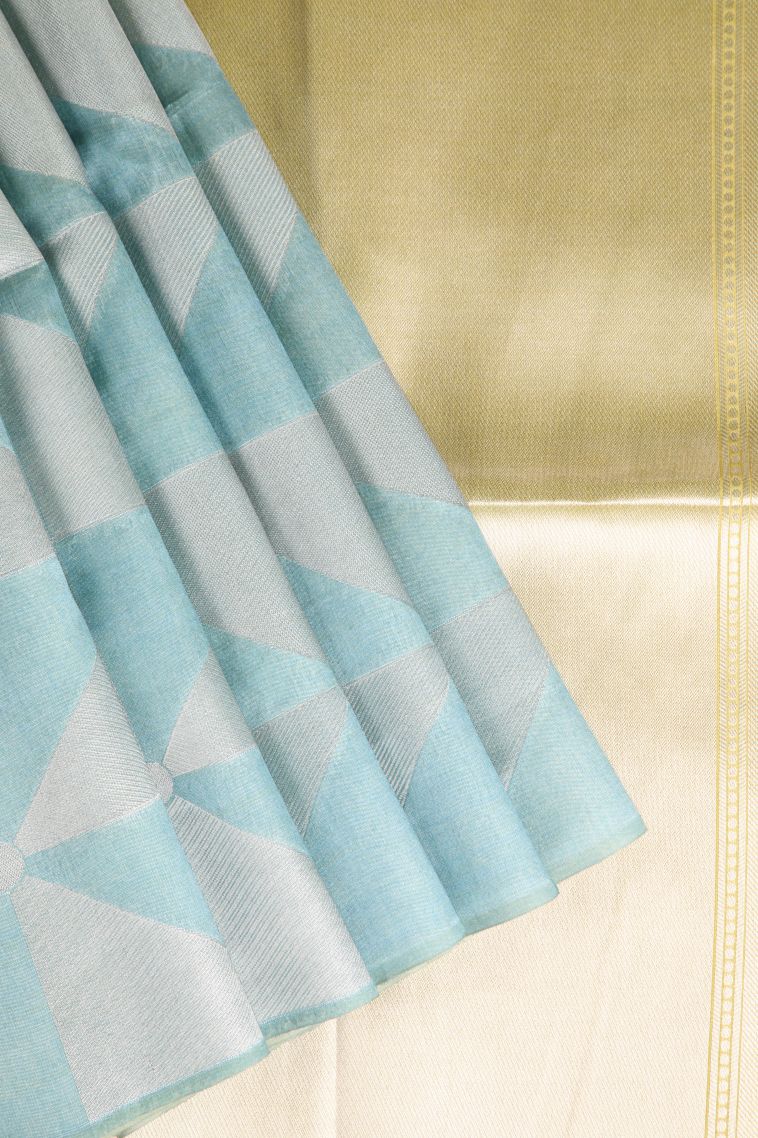 Sapphire Blue Semi Tussar Silk with Silver Zari Geometric Shapes view 1