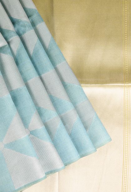 Sapphire Blue Semi Tussar Silk with Silver Zari Geometric Shapes