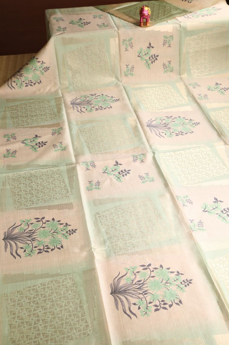Pistachio Green Semi Tussar Silk with Gold Zari Floral Patterns view 2