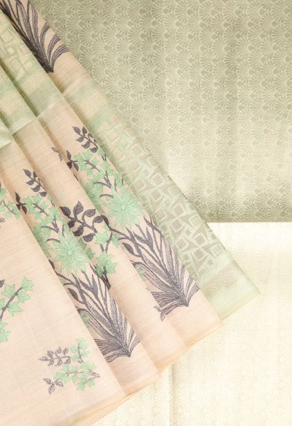 Pistachio Green Semi Tussar Silk with Gold Zari Floral Patterns
