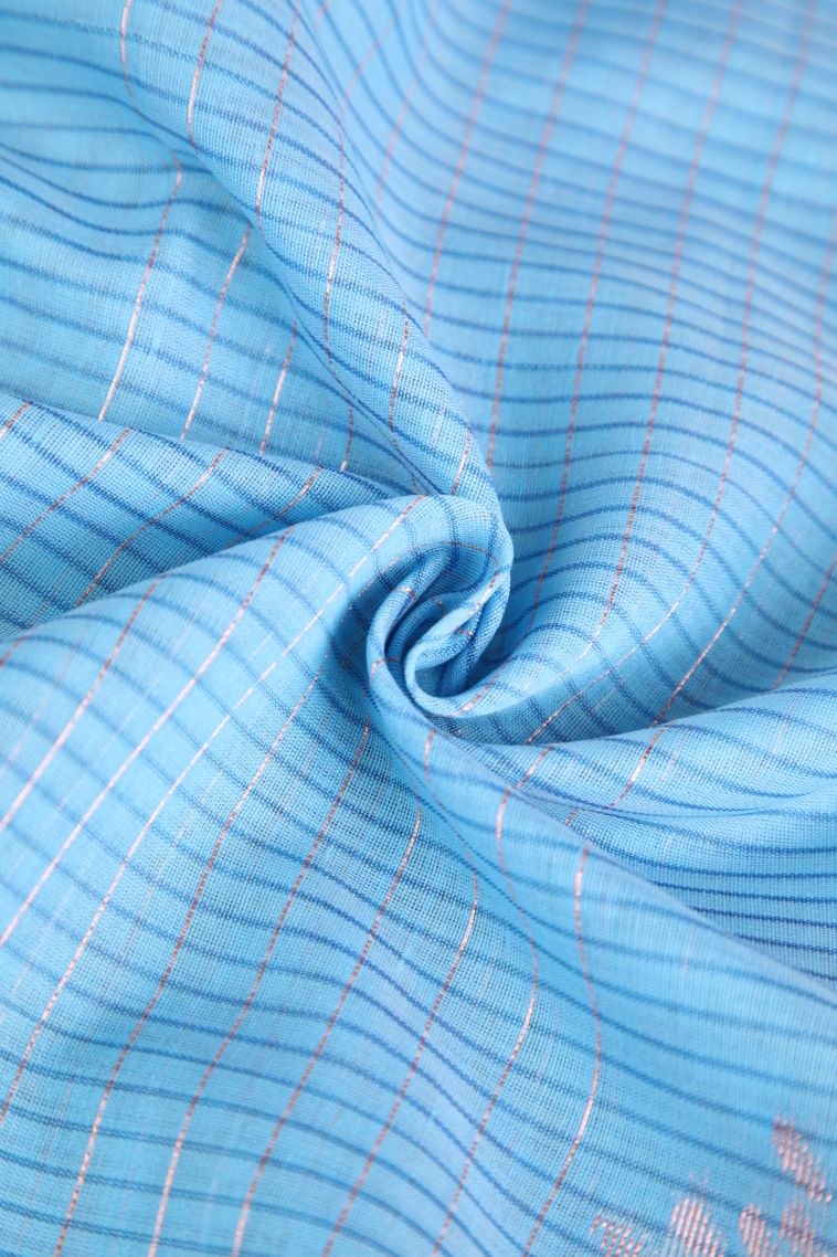 Cerulean Blue Silk Cotton Sarees with Copper Zari Floral Patterns view 4