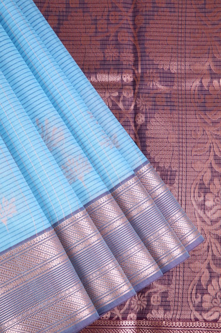 Cerulean Blue Silk Cotton Sarees with Copper Zari Floral Patterns view 1