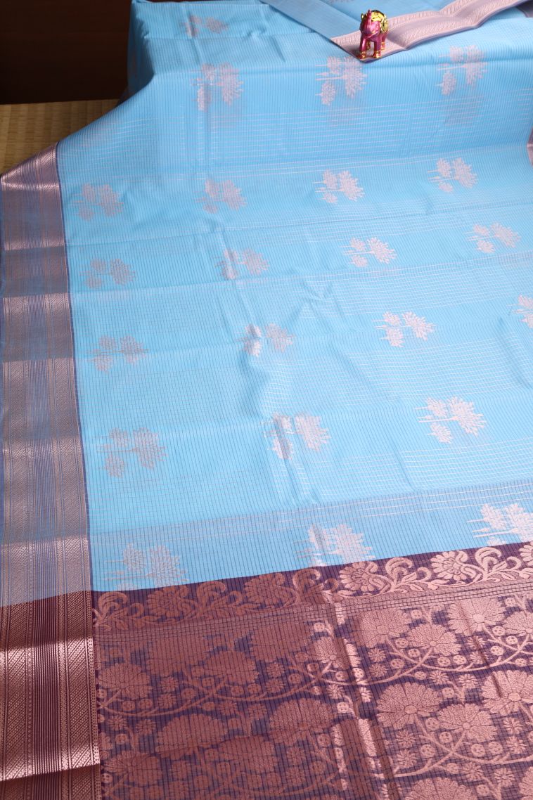 Cerulean Blue Silk Cotton Sarees with Copper Zari Floral Patterns view 2
