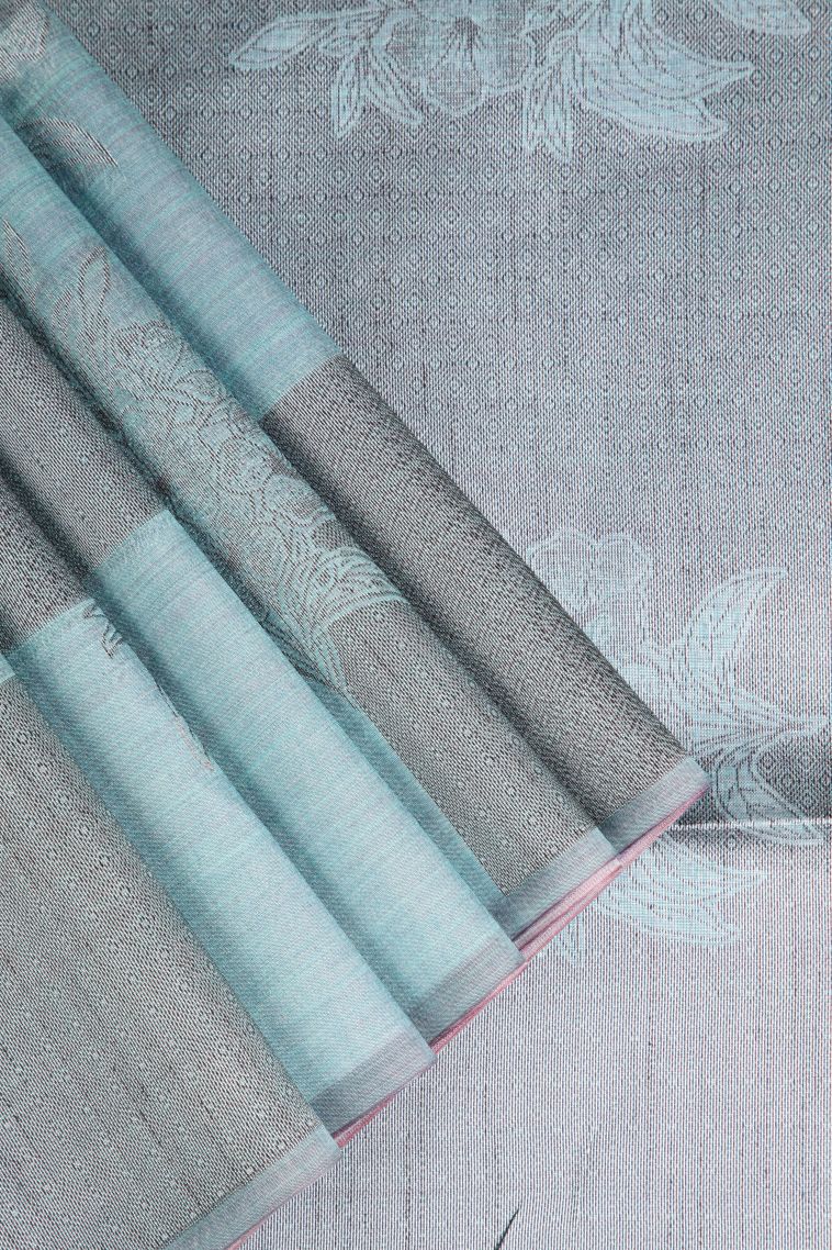 Sapphire Blue Semi Tussar Silk with Silver Zari Checks view 1