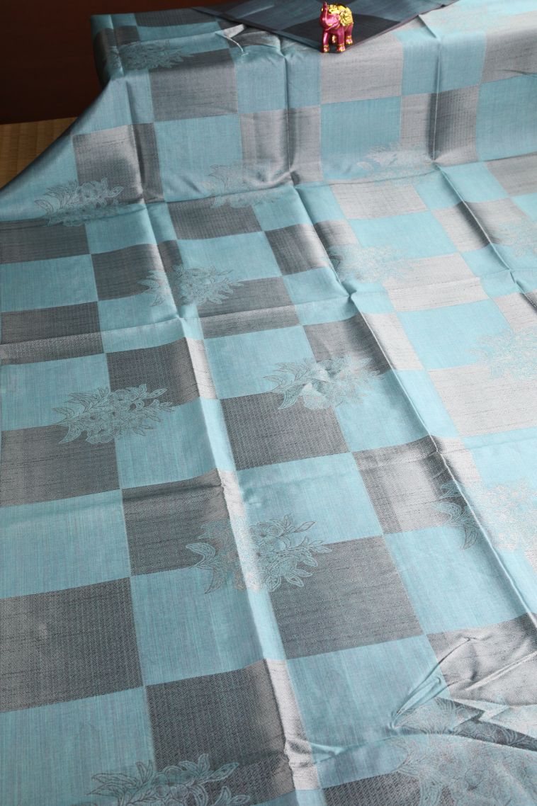 Sapphire Blue Semi Tussar Silk with Silver Zari Checks view 2