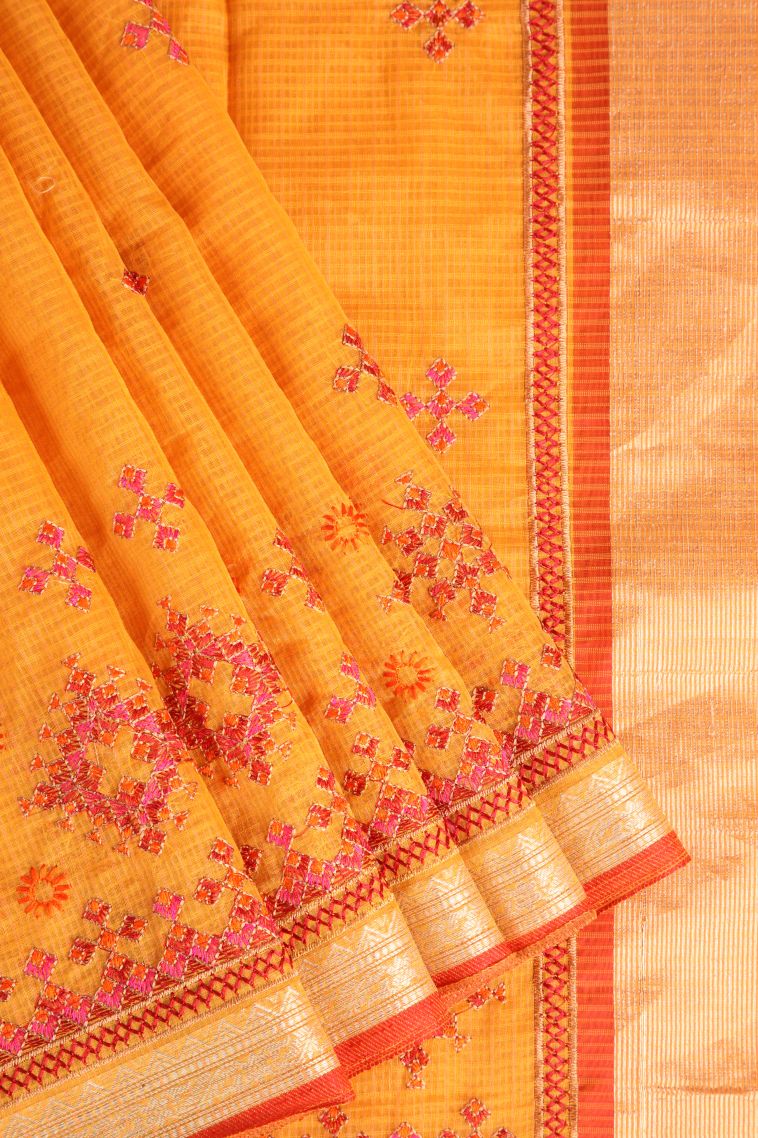 Merigold Orange Manipuri Cotton Sarees Gold Zari with Floral Puttas view 1
