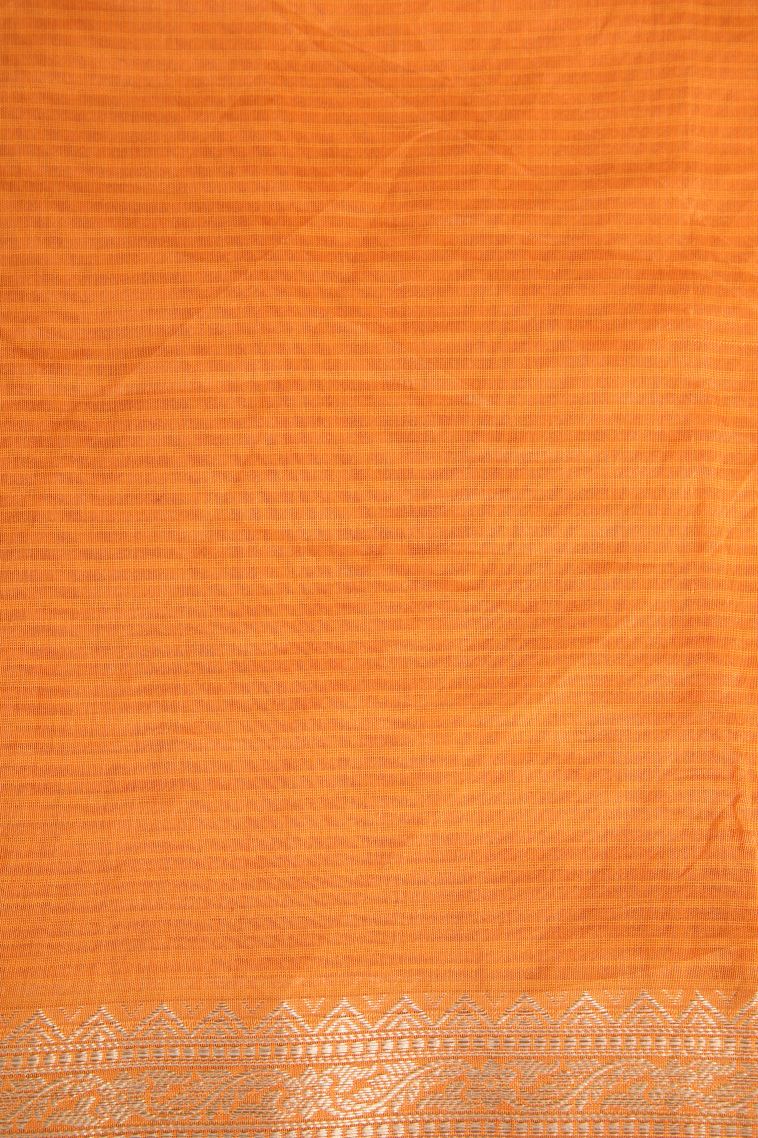 Merigold Orange Manipuri Cotton Sarees Gold Zari with Floral Puttas view 3