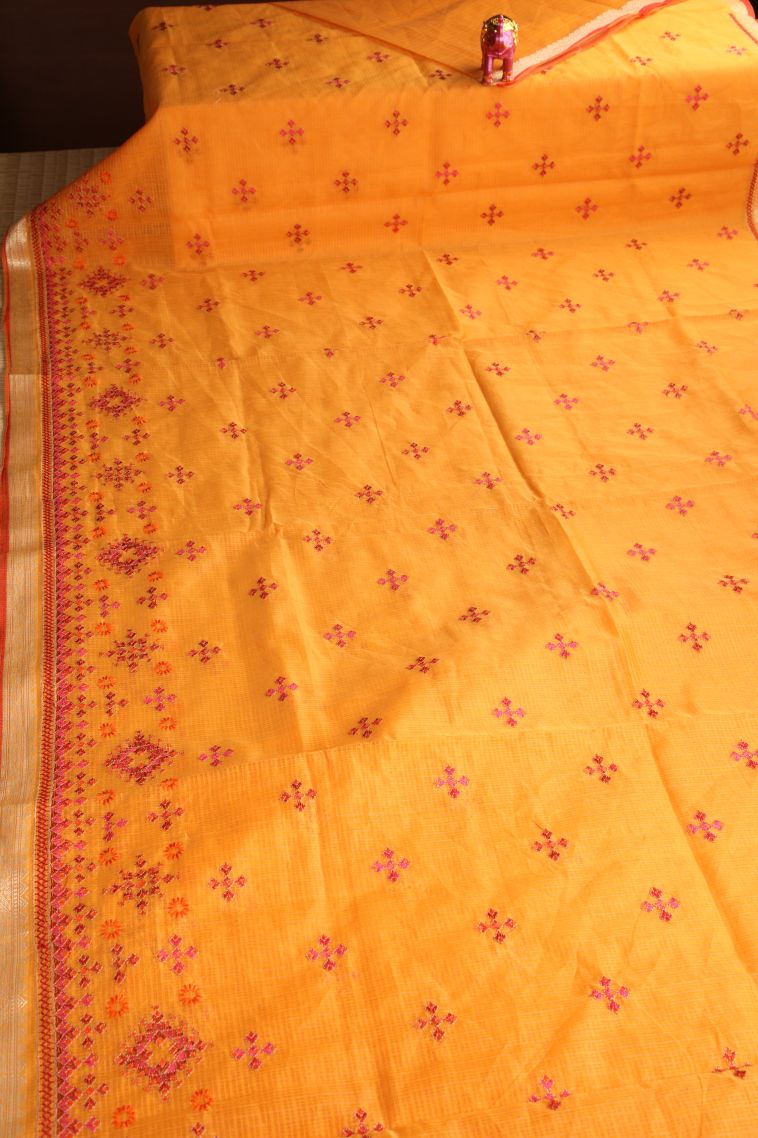 Merigold Orange Manipuri Cotton Sarees Gold Zari with Floral Puttas view 2