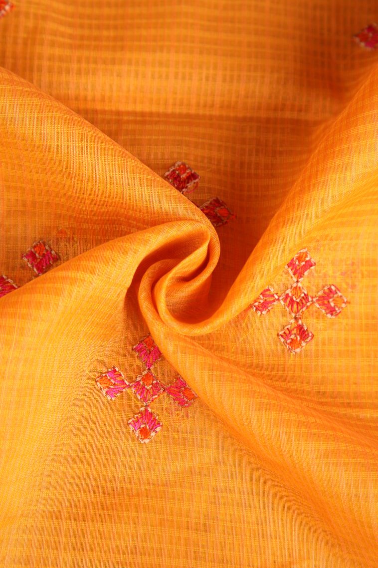 Merigold Orange Manipuri Cotton Sarees Gold Zari with Floral Puttas view 4
