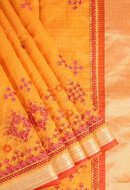 Merigold Orange Manipuri Cotton Sarees Gold Zari with Floral Puttas