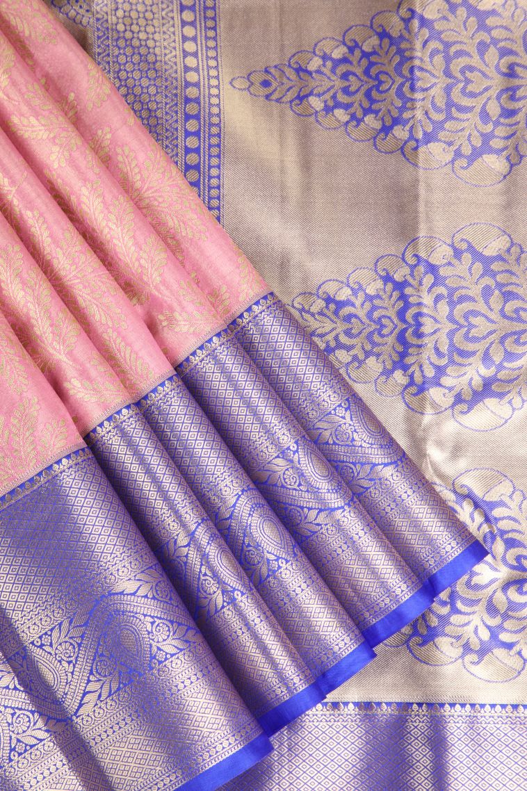 Watermelon Pink Apoorva Silk Sarees with Gold Zari Leaf Pattern view 1