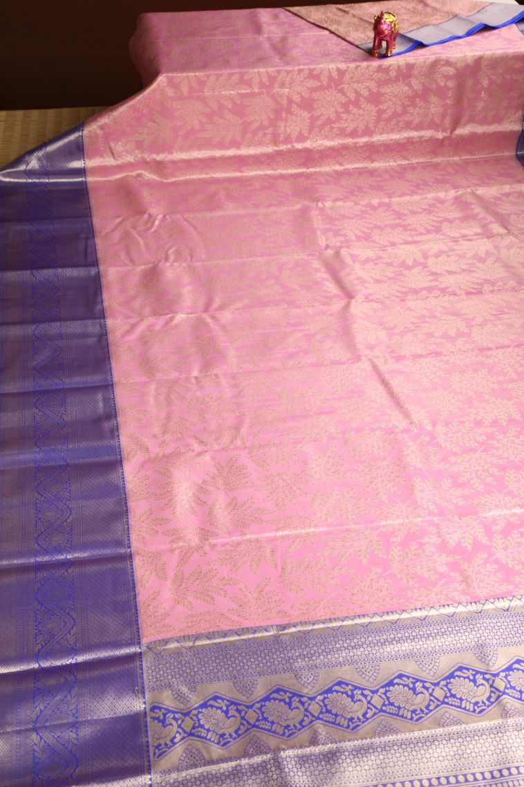 Watermelon Pink Apoorva Silk Sarees with Gold Zari Leaf Pattern view 2