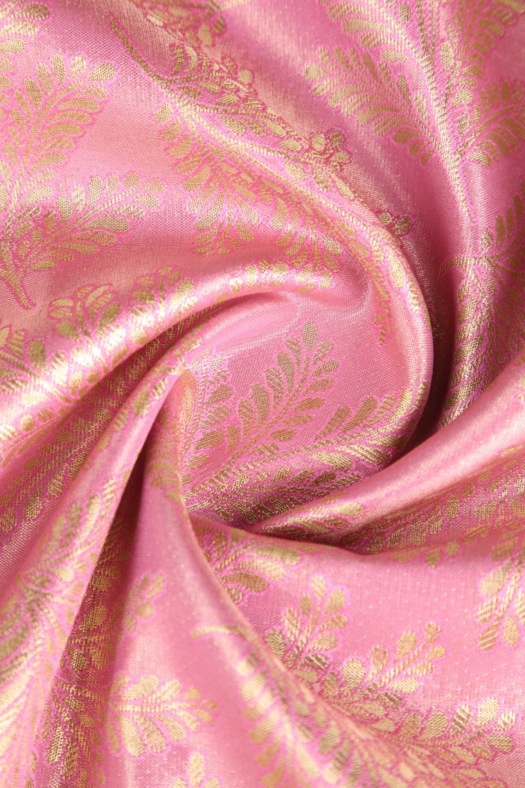 Watermelon Pink Apoorva Silk Sarees with Gold Zari Leaf Pattern view 4