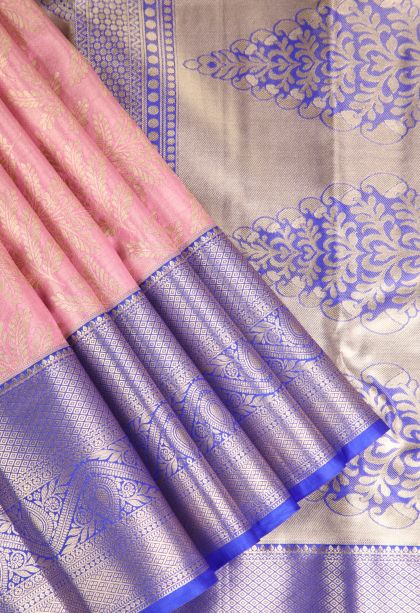 Watermelon Pink Apoorva Silk Sarees with Gold Zari Leaf Pattern