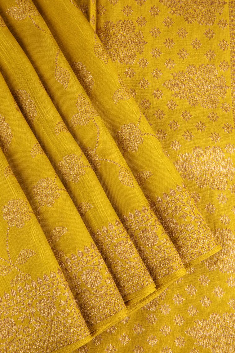 Briht Yellow Banaras Sarees Antic Zari with Floral Patterns view 1