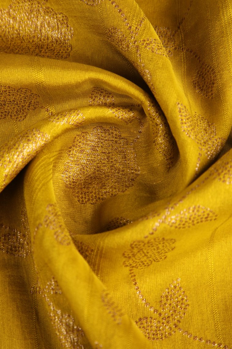 Briht Yellow Banaras Sarees Antic Zari with Floral Patterns view 4