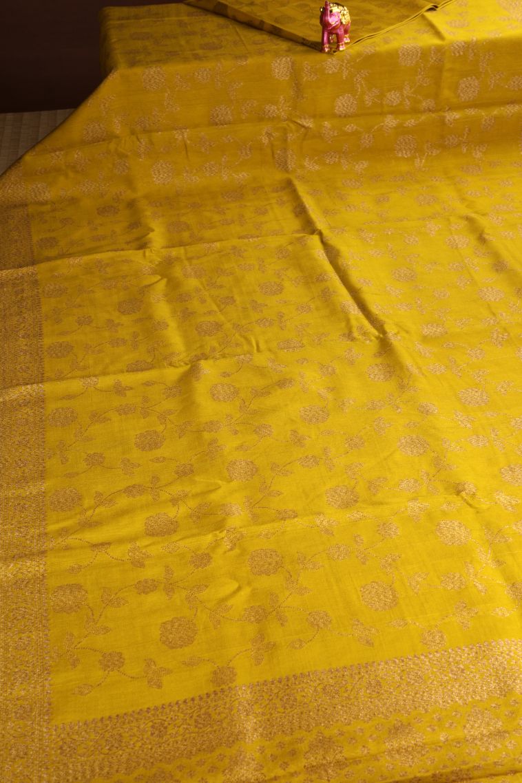Briht Yellow Banaras Sarees Antic Zari with Floral Patterns view 2