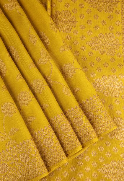 Briht Yellow Banaras Sarees Antic Zari with Floral Patterns