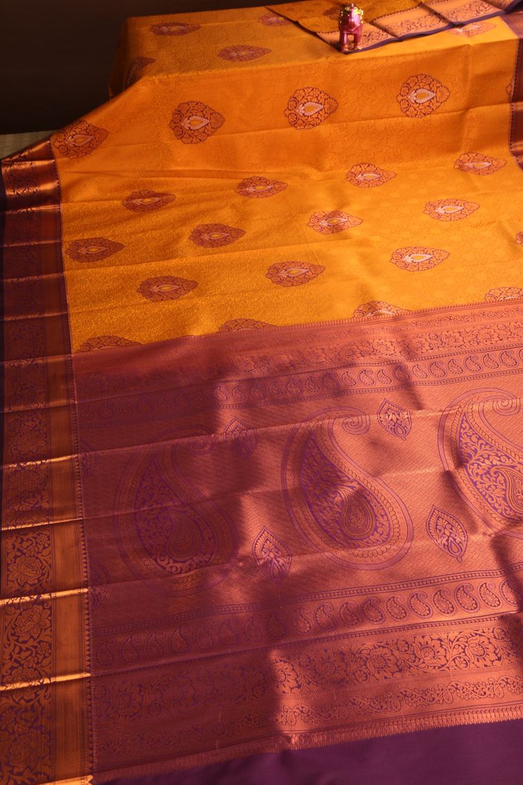 Apricot Orange Visiri Madippu Silk Sarees with Copper Zari Floral Patterns view 2
