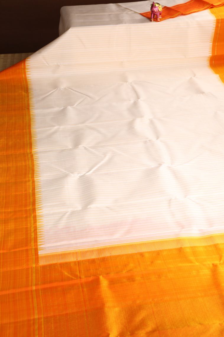 Rice White Kanchipuram Silk Sarees with Gold Zari Stripes view 2