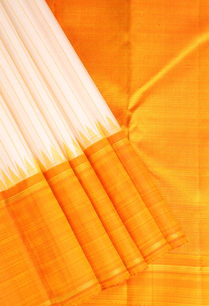 Rice White Kanchipuram Silk Sarees with Gold Zari Stripes