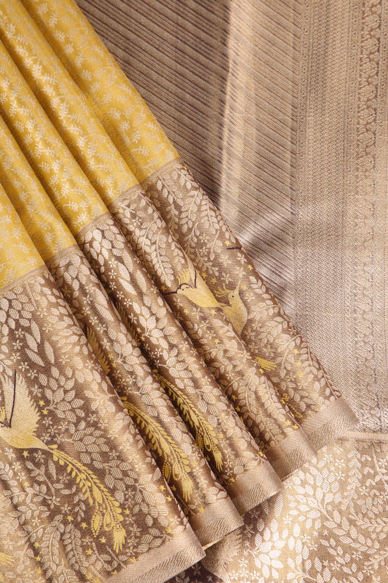 Macaroon Yellow Apoorva Silk Sarees with Gold And Silver Zari Floral Puttas view 1
