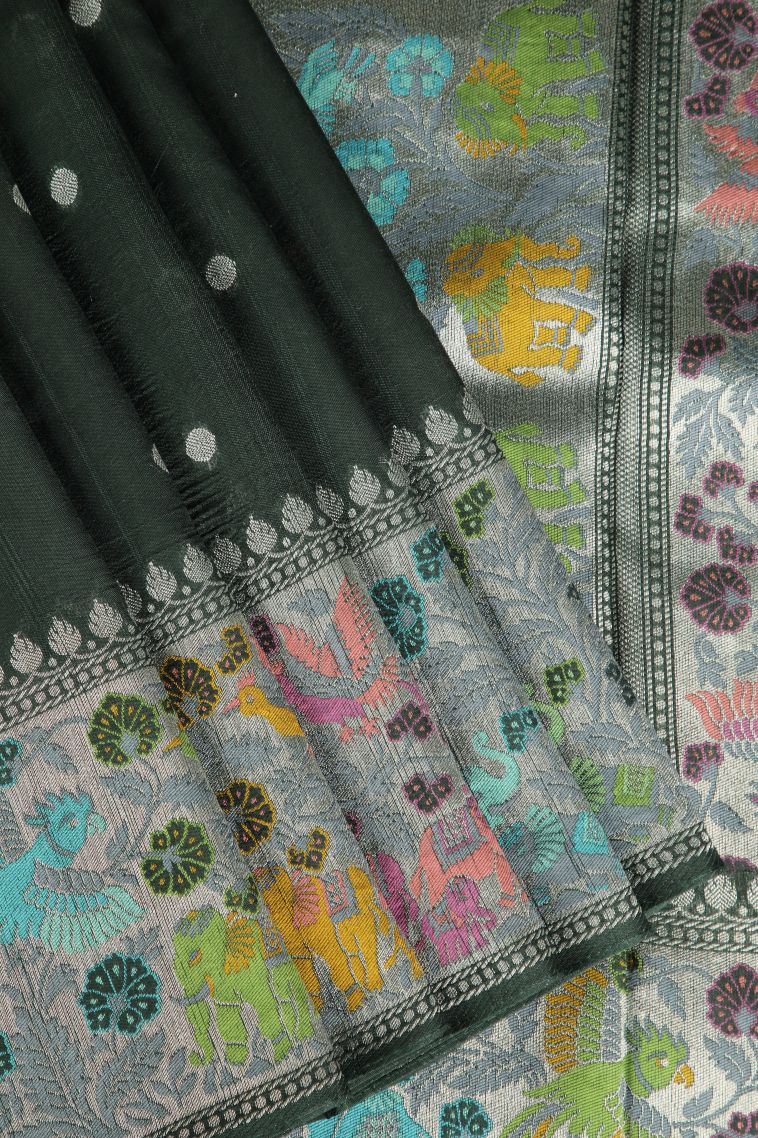 Bottle Green Banaras Sarees with Silver Zari Buttis (small Dots Or Motifs) view 1