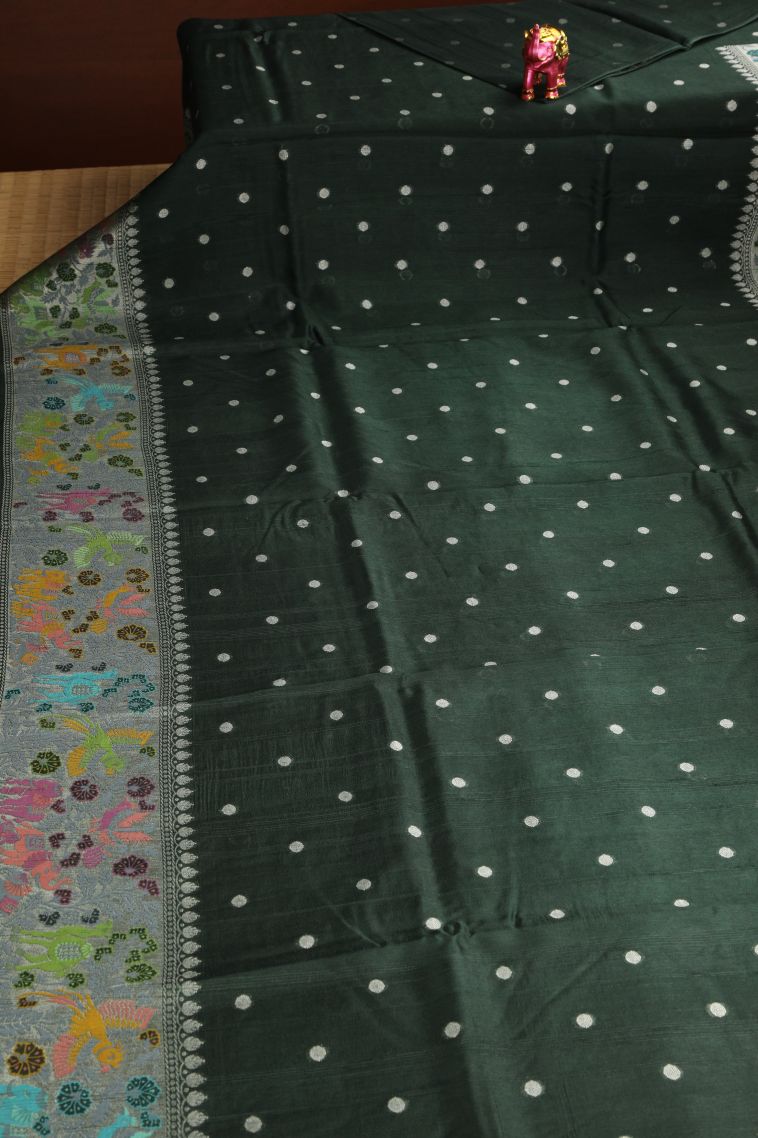 Bottle Green Banaras Sarees with Silver Zari Buttis (small Dots Or Motifs) view 2