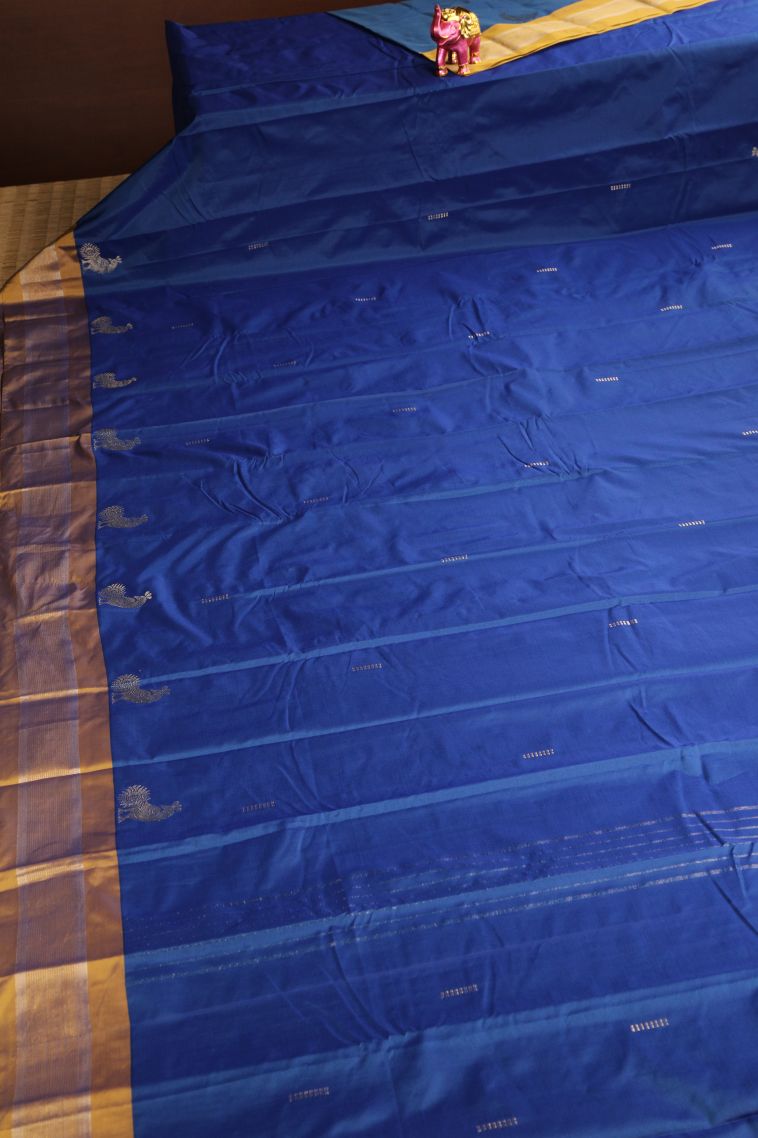 Cobalt Blue Arani Silk Sarees Gold And Silver Zari with Buttis (small Dots Or Motifs) view 2