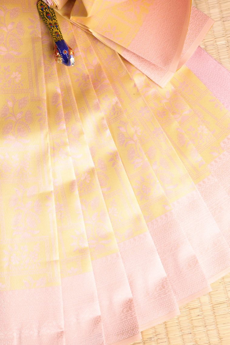 Shortbread Yellow Visiri Madippu Silk Sarees with Silver Zari Floral Patterns view 1