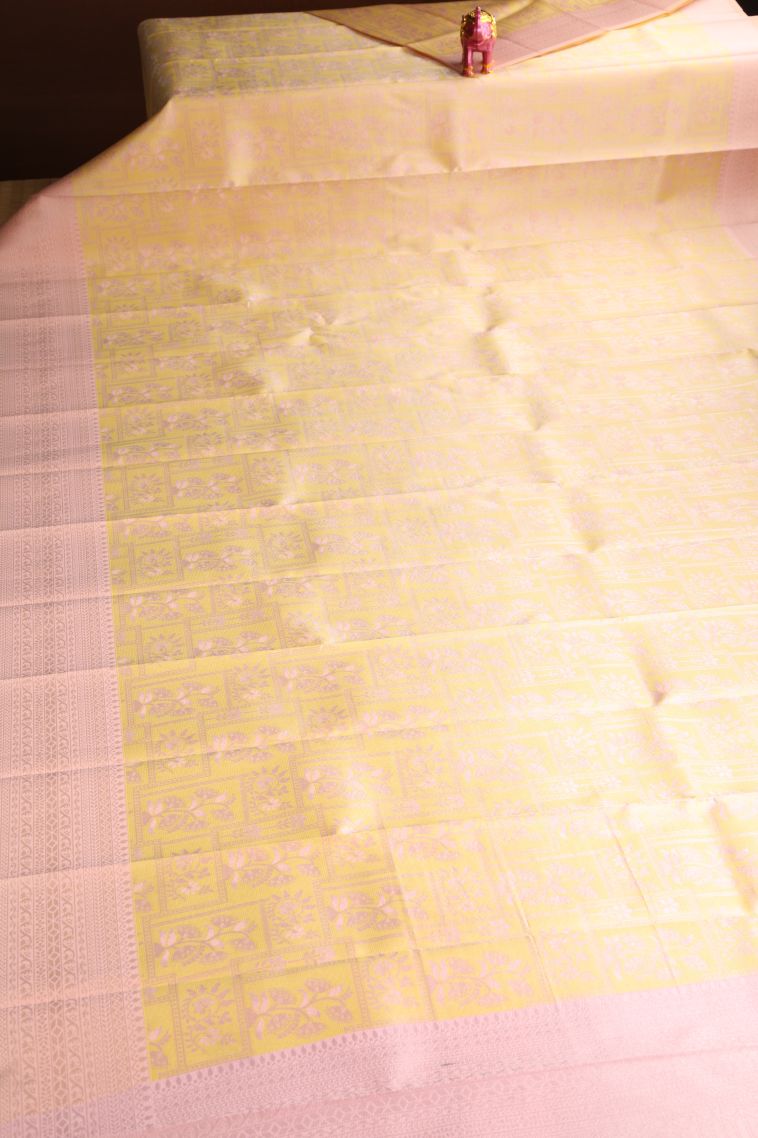 Shortbread Yellow Visiri Madippu Silk Sarees with Silver Zari Floral Patterns view 2