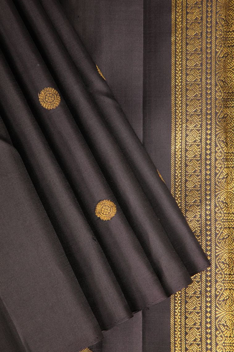 Eel Black Kanchipuram Silk Sarees Gold Zari with Rudhracham Annam Motif view 1