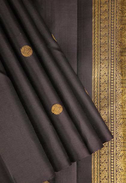 Eel Black Kanchipuram Silk Sarees Gold Zari with Rudhracham Annam Motif