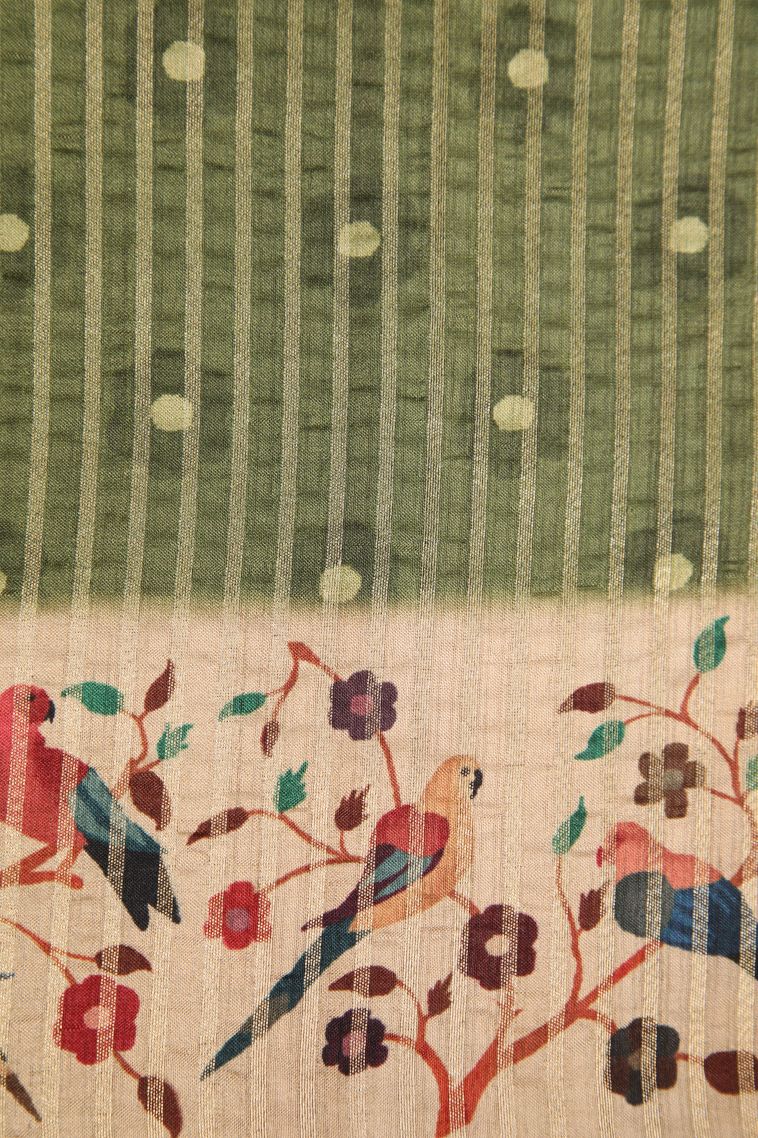 Juniper Green Semi Raw Silk Printed Gold Zari with Zari Puttas view 3
