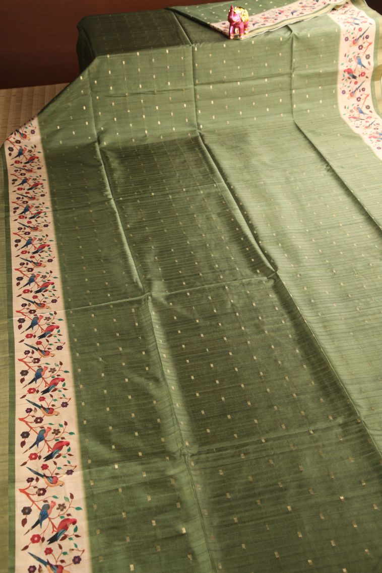 Juniper Green Semi Raw Silk Printed Gold Zari with Zari Puttas view 2