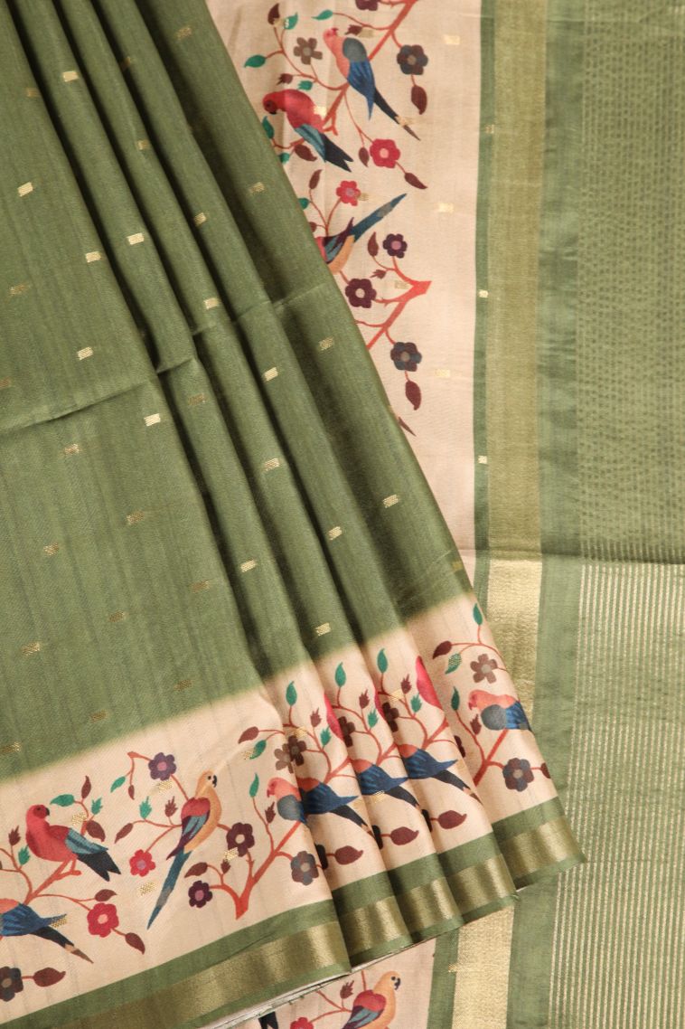 Juniper Green Semi Raw Silk Printed Gold Zari with Zari Puttas view 1